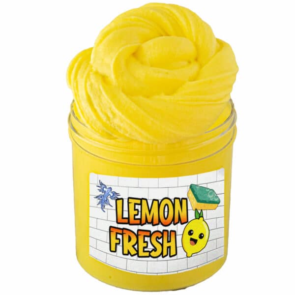 Clear jar of Yellow lemon snow butter slime topped swirled high above the edge of the jar and labeled Lemon Fresh.