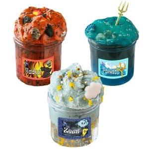 Three slime jars isolated against a white background. One looks like moten lava and is labeled Hades, one looks like a thunderstorm and is labeled Zeus, one looks like the ocean and is labeled Poseidon.