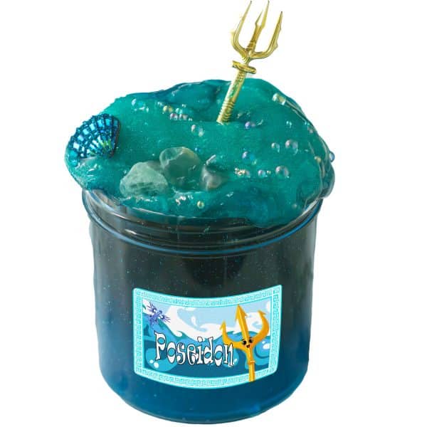 A clear jar is filled with deep blue and green jelly slime dotted with shimmery blue glitter. The slime is piled high above the top of the jar and a glittery turquoise sea shell, bits of sea glass, and tiny sprinkles that look like bubbles are embedded into the surface. A gold trident juts out from the center of the slime and a label on the jar has drawings of waves and says "Poseidon Slime".