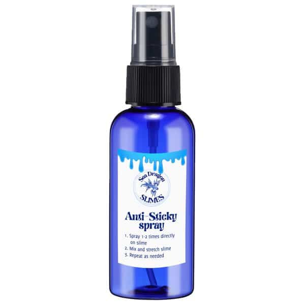 A small blue spray bottle of premade slime activator has a label that says Anti Sticky Spray