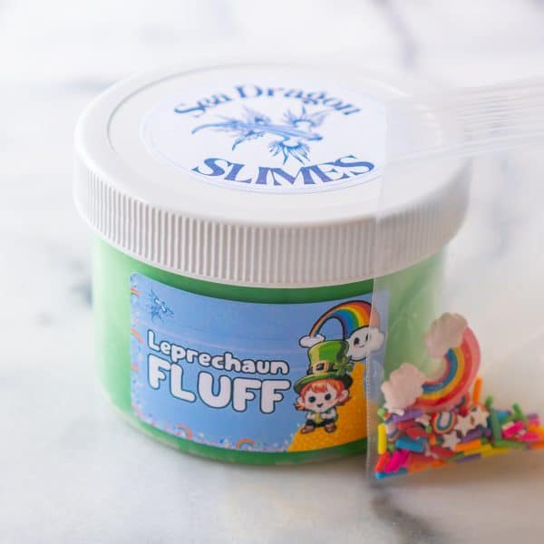 A jar of green slime called Leprechaun Fluff