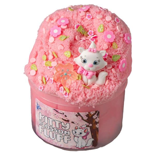 A jar of pink fluffy slime piled high and topped with cherry blossom and leaf sprinkles and a cute kitty charm and cherry blossom charm. The label reads Kitty Blossom Fluff Slime.