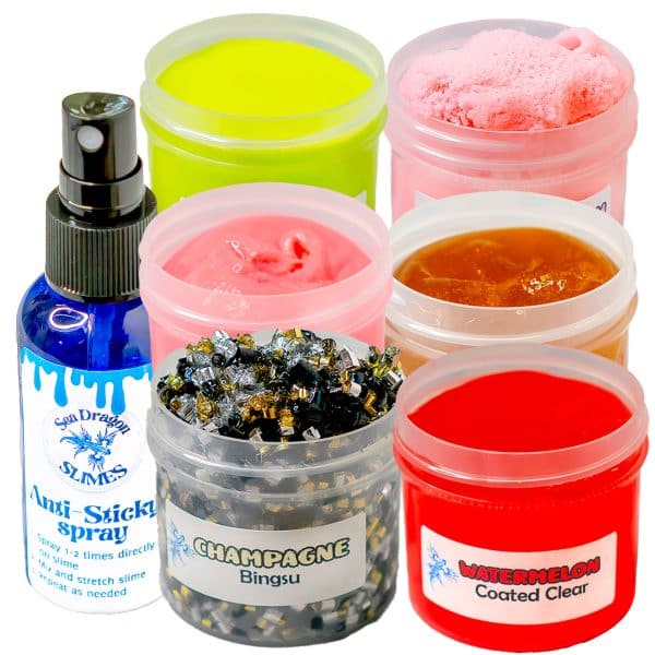 Six small jars are filled with different colors and textures of slime in the slime texture pack from Sea Dragon Slimes.