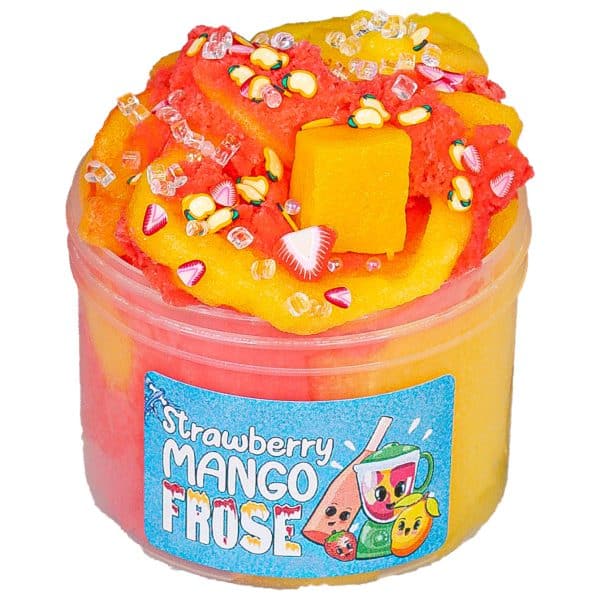A translucent jar is filled and piled high above the brim with swirls of red and golden yellow slimes. The soft texture of the cloud and icee slimes looks just like an icy blended beverage. mango, strawberry, and crushed ice sprinkles cover the top, with a fake mango chunk placed in the center. A blue label reads Strawberry Mango Frosé Slime.