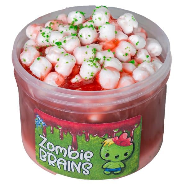 A jar of dark red translucent slime is topped with white opaque slime that drips down through the red to make an avalanche slime. The white slime on top is packed with foam mini marshmallows, and a little red slime is swirled into it giving the illusion of a brain sitting on a jar of blood. The label on the jar has a cute cartoon zombie and says Zombie Brains Slime.